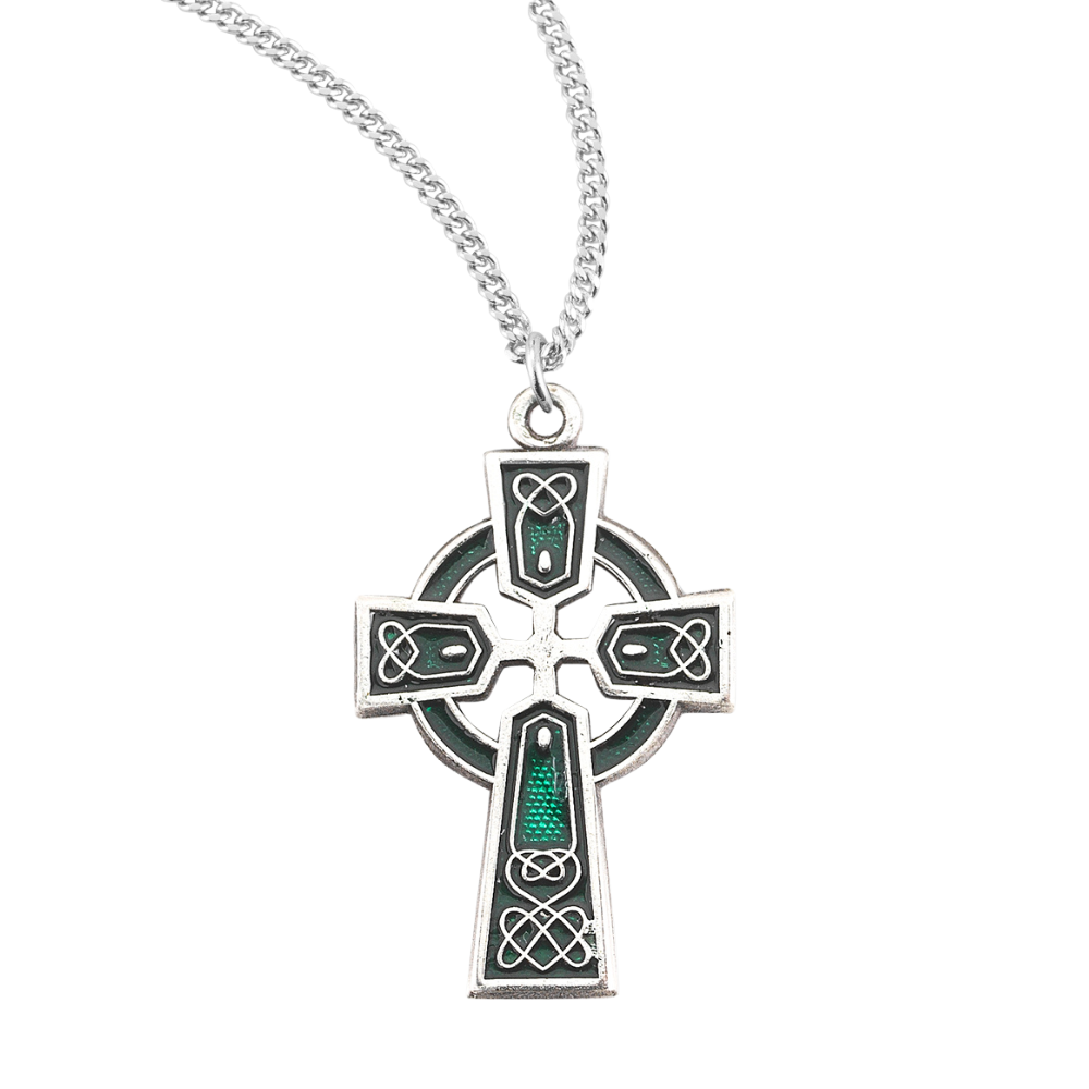 Sterling Silver Green Enameled Irish Celtic cross Pendant, Catholic Gift, Made in USA