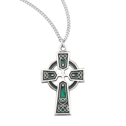 Sterling Silver Green Enameled Irish Celtic cross Pendant, Catholic Gift, Made in USA
