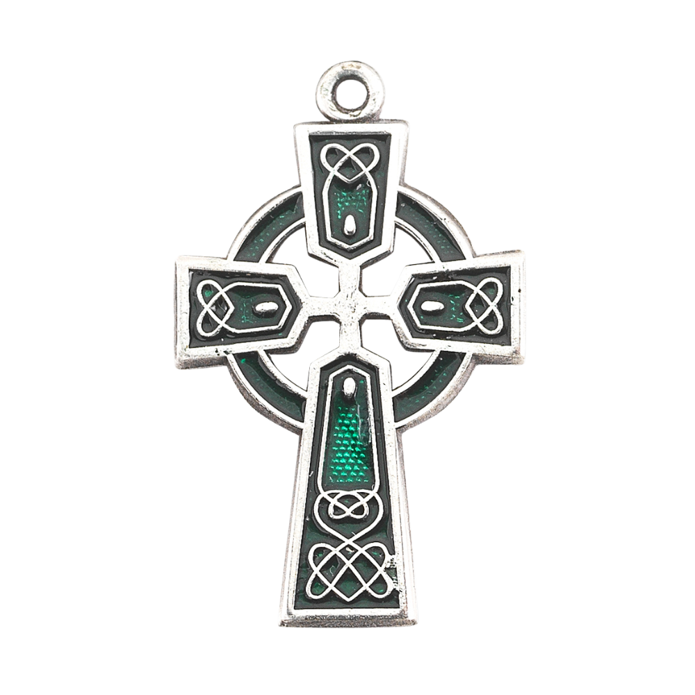 Irish Celtic Cross Sterling Silver Green Enameled Pendant Necklace — 18" Chain