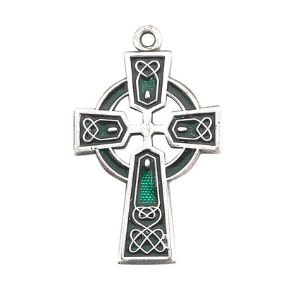 Irish Celtic Cross Sterling Silver Green Enameled Pendant Necklace — 18" Chain