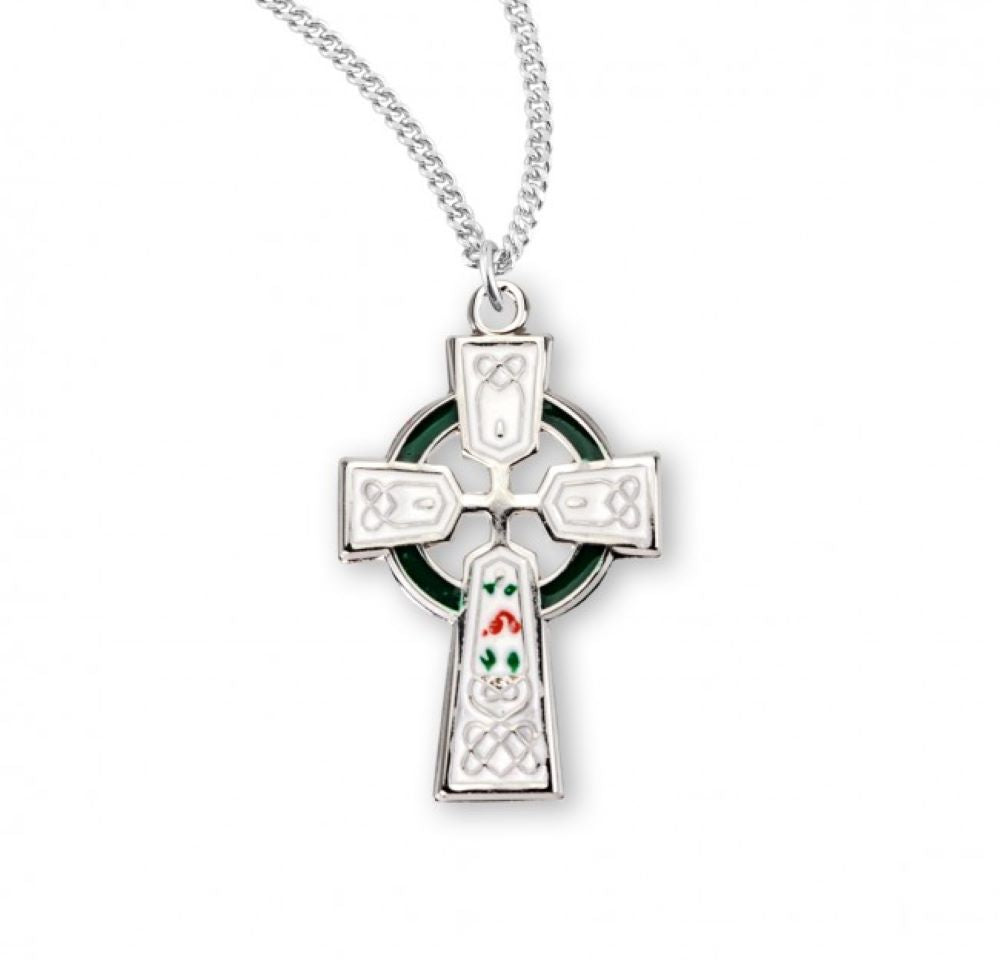 Sterling Silver White Enameled Irish Celtic cross, Catholic Gift, Made in USA