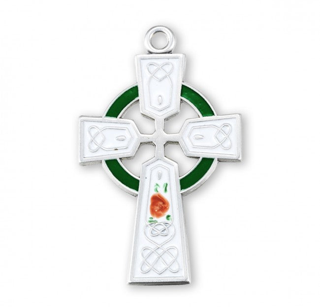 Irish Celtic Cross Sterling Silver Enameled Pendant — 18" Chain, Made in USA