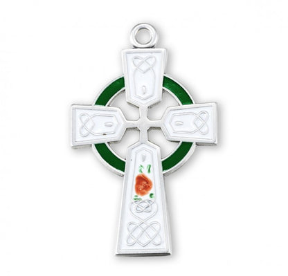 Irish Celtic Cross Sterling Silver Enameled Pendant — 18" Chain, Made in USA