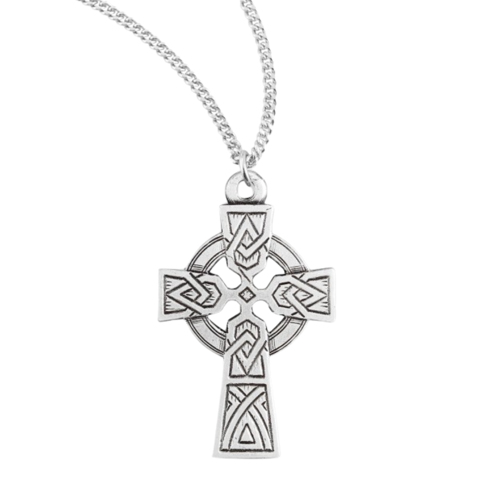 Sterling Silver 1" Celtic Cross Pendant Necklace with Knot Design, 18" Rhodium Plated Stainless Steel Chain, Made in USA- Deluxe Velvet Gift Box Included