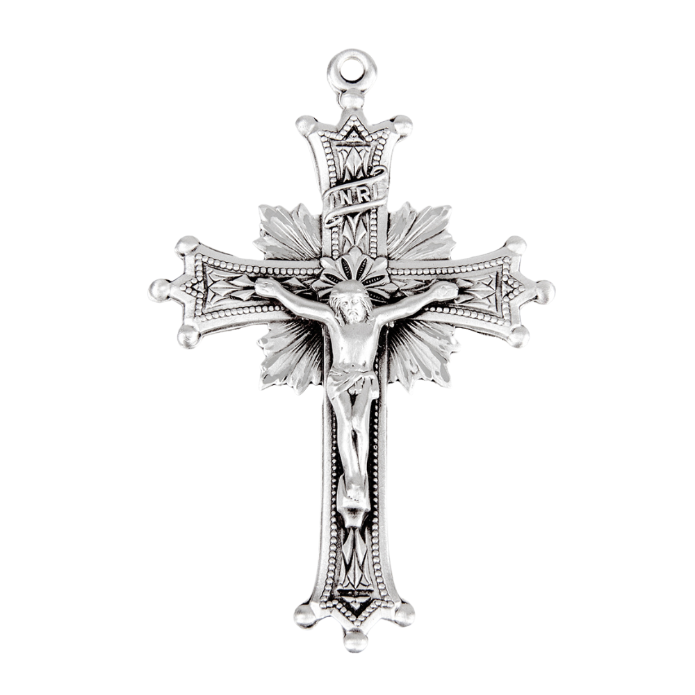 Sunburst Crucifix Sterling Silver Pendant — 24" Chain, Made in USA, Gift Box