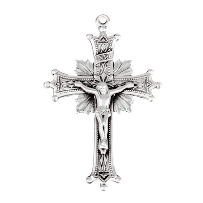 Sunburst Crucifix Sterling Silver Pendant — 24" Chain, Made in USA, Gift Box