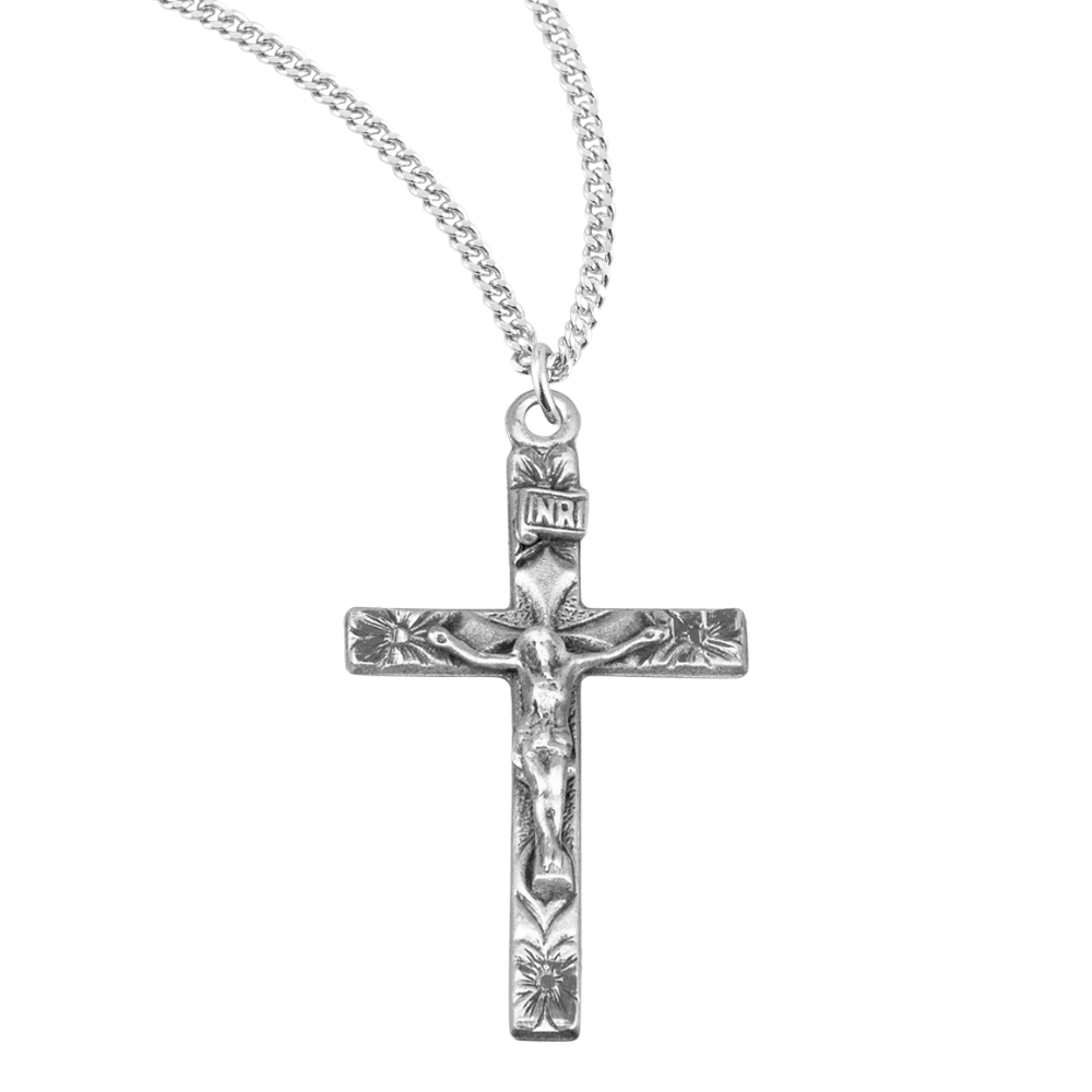 Sterling Silver Floral Engraved Crucifix, Catholic Gift, Made in USA