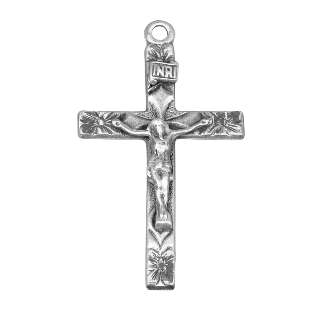 Floral Engraved Crucifix Sterling Silver — 18" Chain, Made in USA, Gift Box