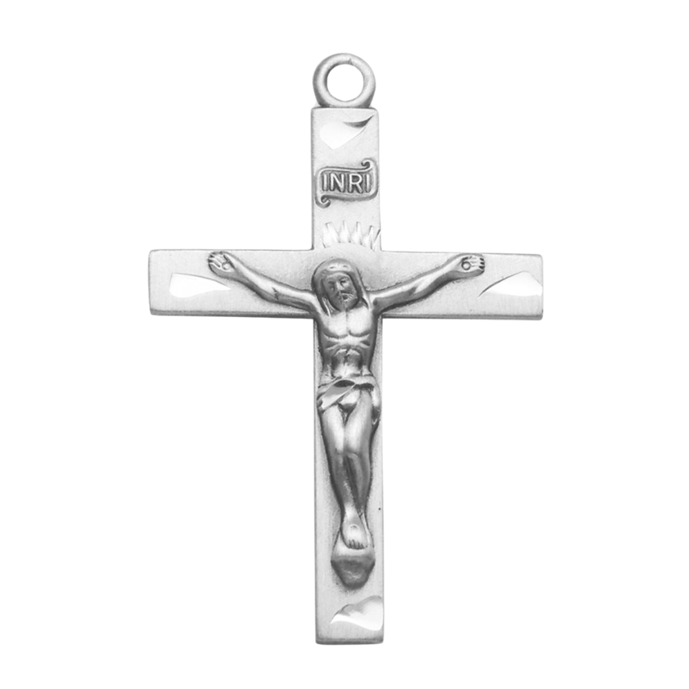 Crucifix Sterling Silver Engraved Pendant — 20" Chain, Made in USA, Gift Box