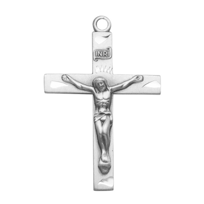 Crucifix Sterling Silver Engraved Pendant — 20" Chain, Made in USA, Gift Box