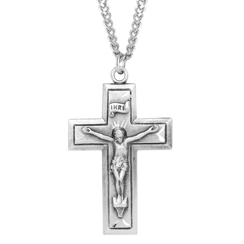 Sterling Silver Engraved Wide Cross Crucifix, Catholic Gift, Made in USA