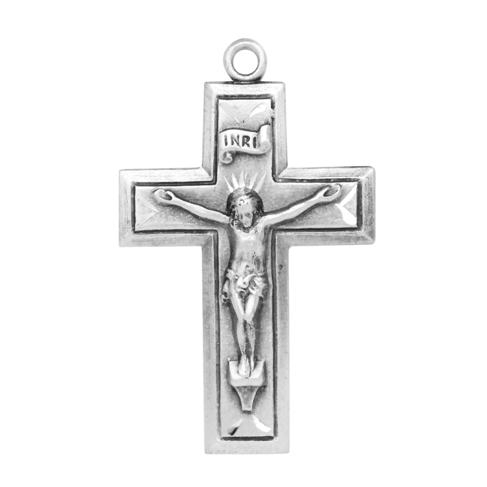 Engraved Wide Crucifix Sterling Silver Pendant — 24" Chain, Made in USA, Gift Box