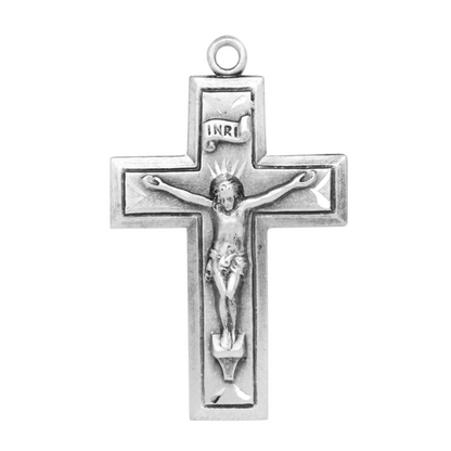 Engraved Wide Crucifix Sterling Silver Pendant — 24" Chain, Made in USA, Gift Box