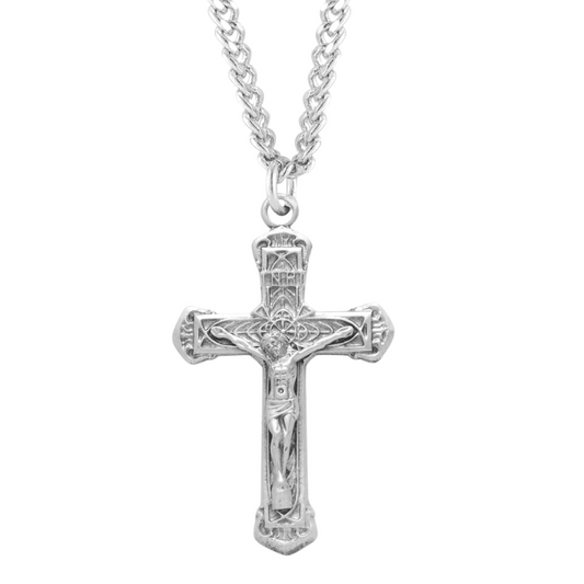 Intricate Lined Sterling Silver Crucifix, Catholic Gift, Made in USA