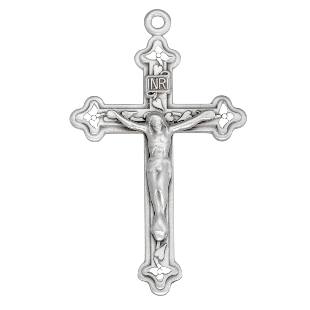 Vine and Leaf Pattern Crucifix Sterling Silver Pendant — 20" Chain, Gift Box