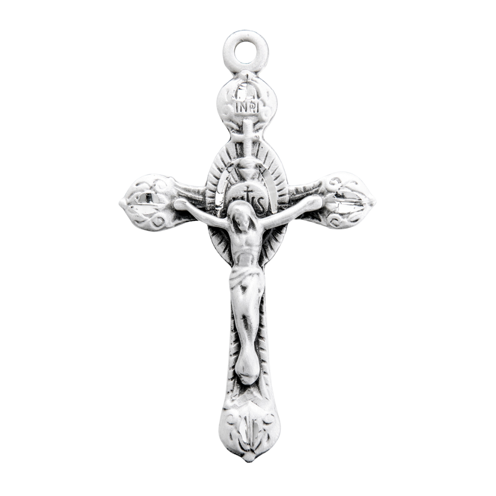 Monstrance Style Sterling Silver Crucifix Pendant — 24" Chain, Gift Box Included