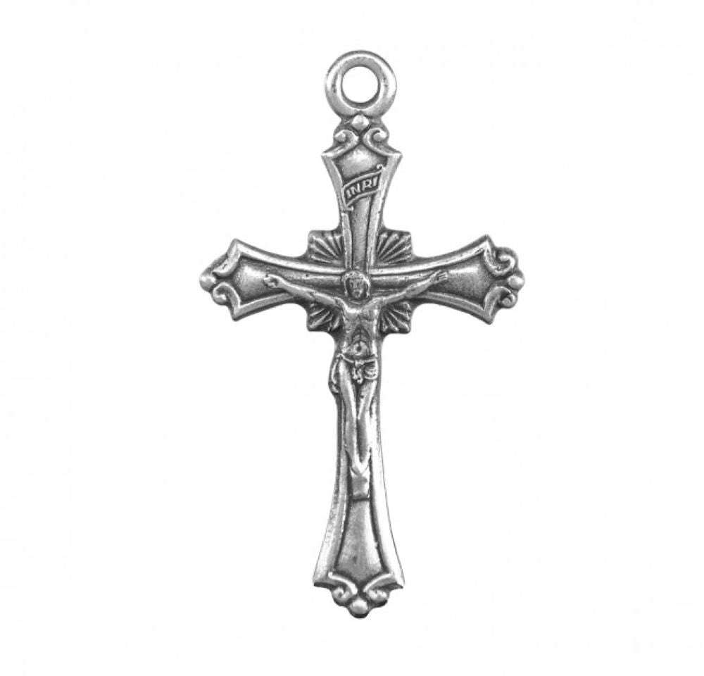 Crucifix Sterling Silver Scrolled Border Pendant — 24" Chain, Gift Box Included