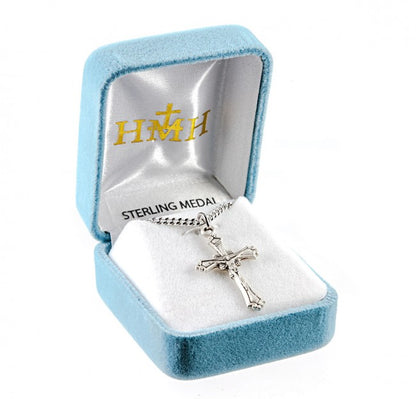 Crucifix Sterling Silver Scrolled Border Pendant — 24" Chain, Gift Box Included