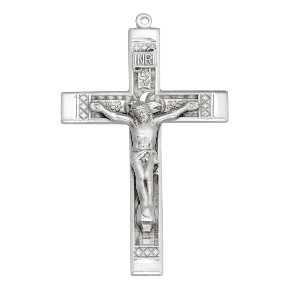 Crucifix Sterling Silver Floral Pendant — 24" Chain, Made in USA, Gift Box
