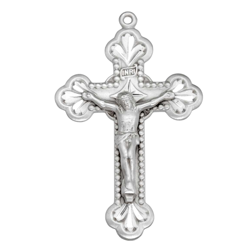 Baroque Leaf Design Sterling Silver Crucifix Pendant — 24" Chain, Gift Box