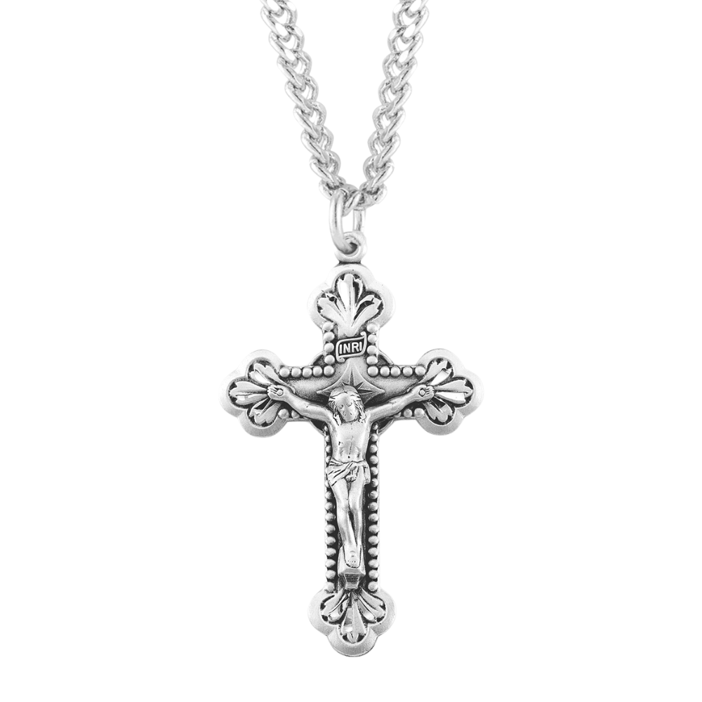Baroque Leaf Design Sterling Silver Crucifix, Catholic Gift, Made in USA