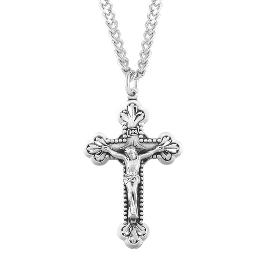 Baroque Leaf Design Sterling Silver Crucifix, Catholic Gift, Made in USA