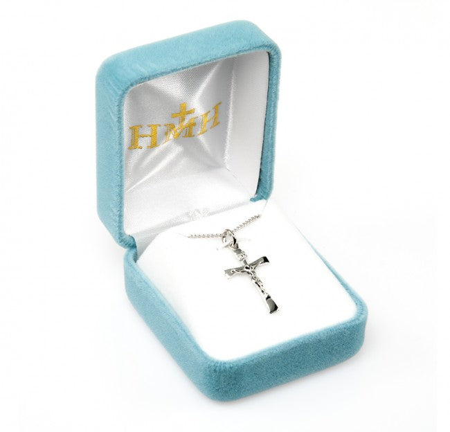 Narrow Crucifix Sterling Silver Pendant Necklace — 18" Chain, USA Made, Gift Box
