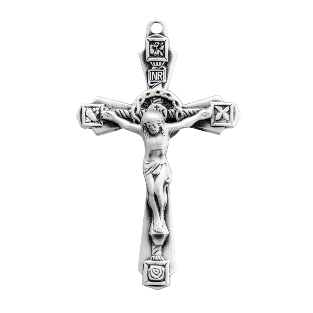 Floral Crucifix Sterling Silver Pendant Necklace — 24" Chain, Gift Box Included