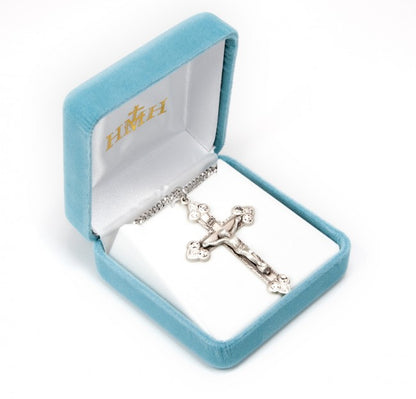 Rosary Crucifix Sterling Silver Pendant — 24" Chain, Made in USA, Gift Box