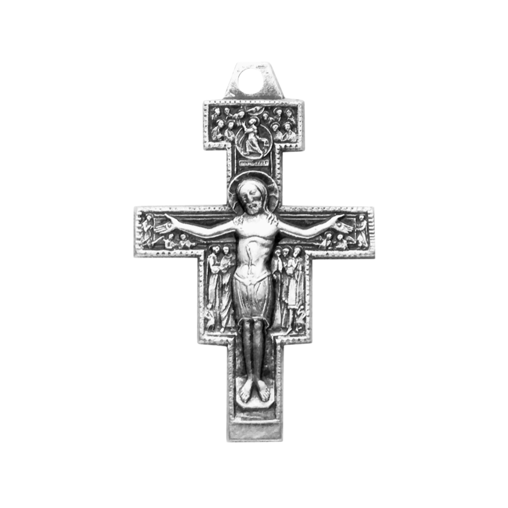 San Damiano Crucifix Sterling Silver Pendant Necklace — 18" Chain, Gift Box