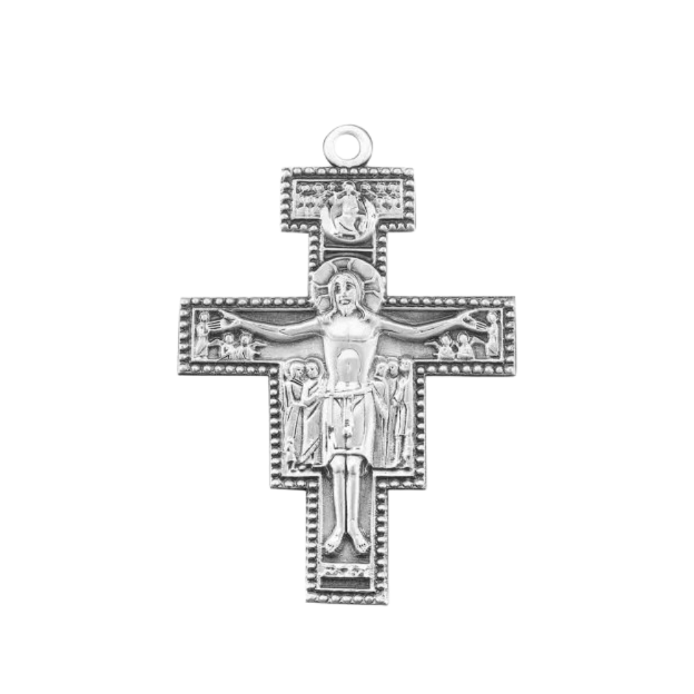 San Damiano Crucifix Sterling Silver Pendant Necklace — 27" Chain, Made in USA