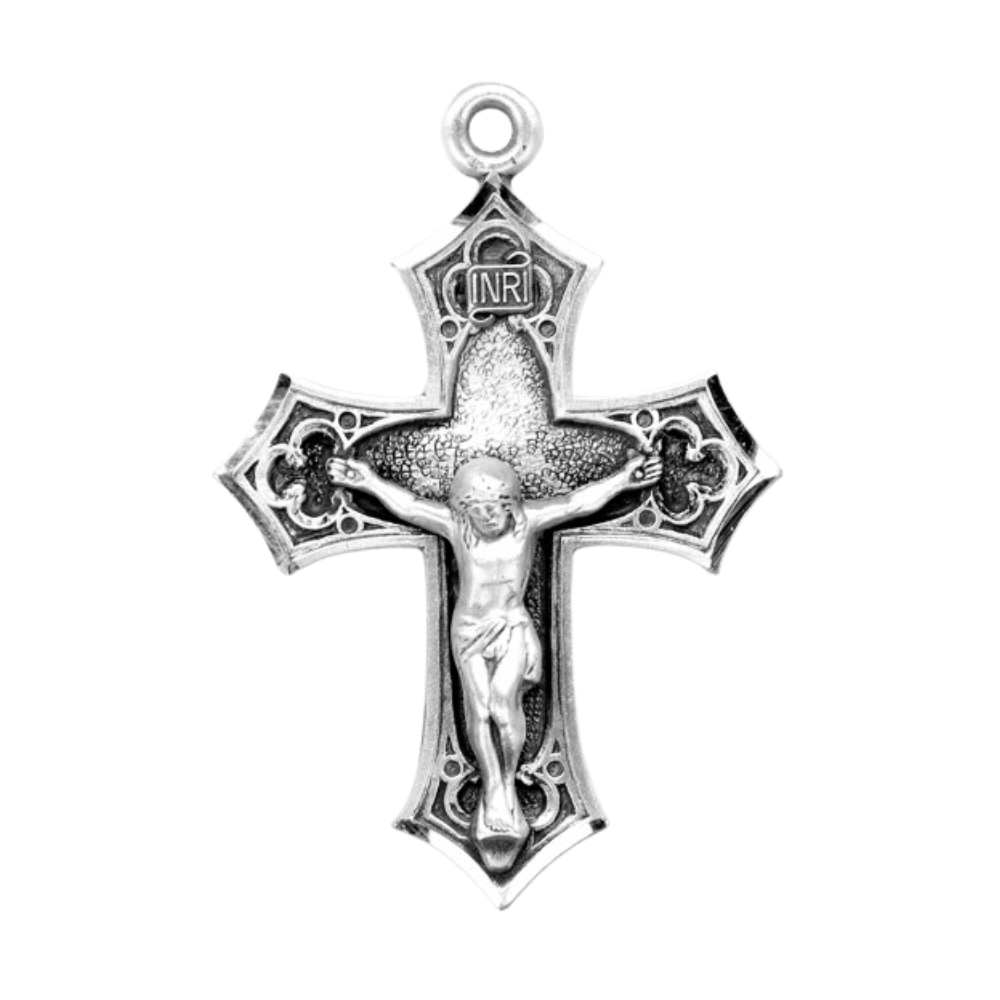 Gothic Style Crucifix Sterling Silver Pendant — 24" Chain, Gift Box Included