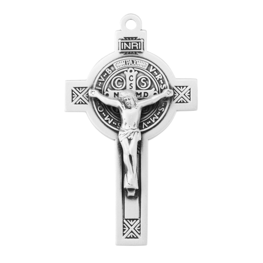 Saint Benedict Sterling Silver Crucifix Pendant — 24" Chain, Gift Box