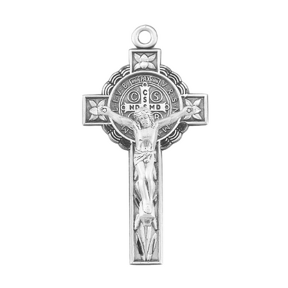 Saint Benedict Sterling Silver Crucifix Pendant Necklace — 18" Chain, Gift Box