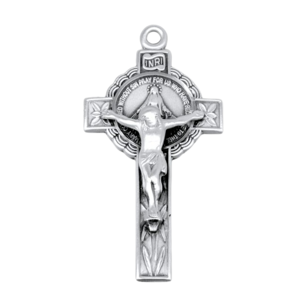 Miraculous Medal & Crucifix Sterling Silver Pendant — 24" Chain, Gift Box