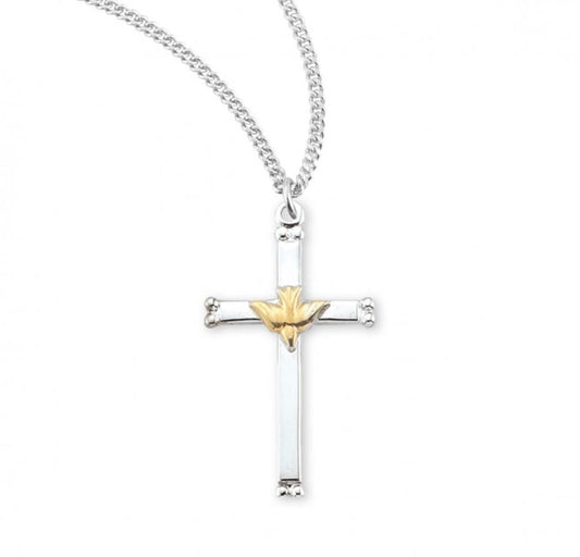 Sterling Silver Two-Tone Holy Spirit Cross Pendant Necklace, 18" Rhodium Plated Stainless Steel Chain, Made in USA- Deluxe Velvet Gift Box Included