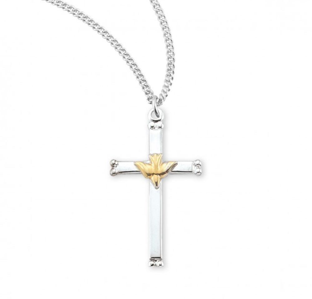 Sterling Silver Two-Tone Holy Spirit Cross Pendant Necklace, 18" Rhodium Plated Stainless Steel Chain, Made in USA- Deluxe Velvet Gift Box Included