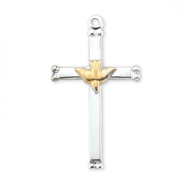 Sterling Silver Two-Tone Holy Spirit Cross Pendant Necklace, 18" Rhodium Plated Stainless Steel Chain, Made in USA- Deluxe Velvet Gift Box Included