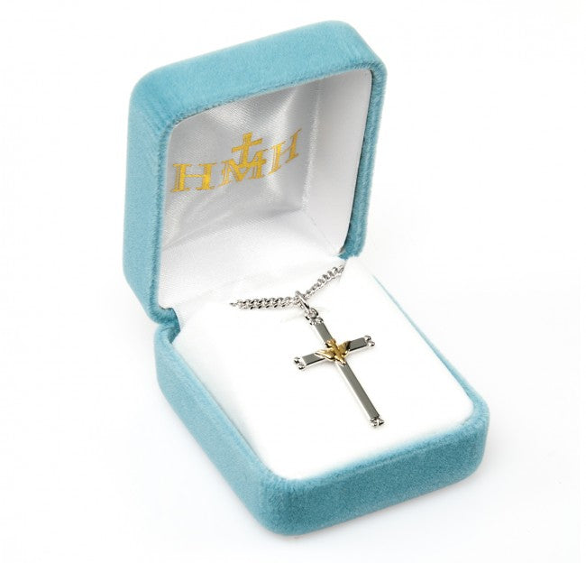 Sterling Silver Two-Tone Holy Spirit Cross Pendant Necklace, 18" Rhodium Plated Stainless Steel Chain, Made in USA- Deluxe Velvet Gift Box Included