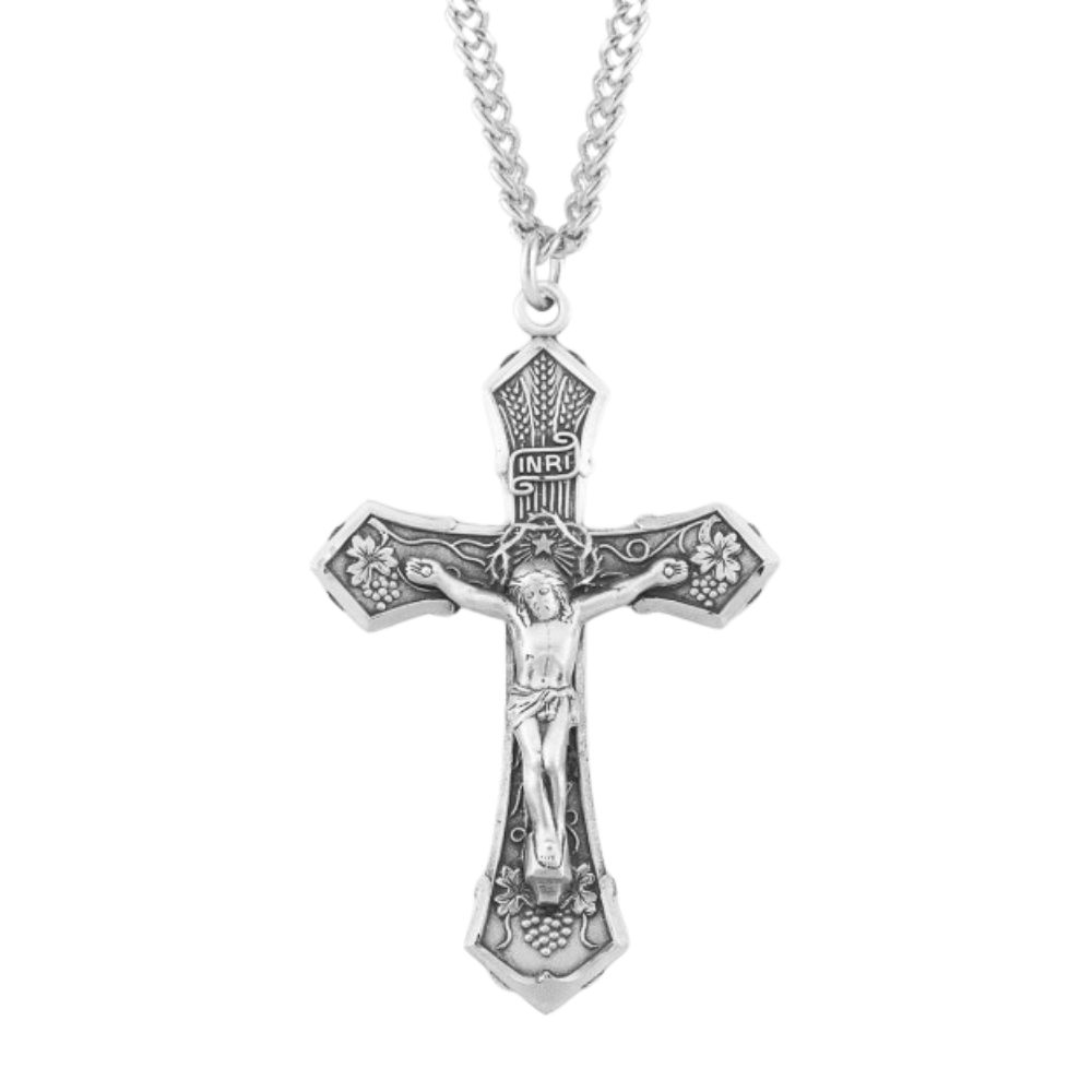 Grape and Wheat Design Sterling Silver Crucifix, Catholic Gift, Made in USA