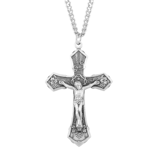 Grape and Wheat Design Sterling Silver Crucifix, Catholic Gift, Made in USA