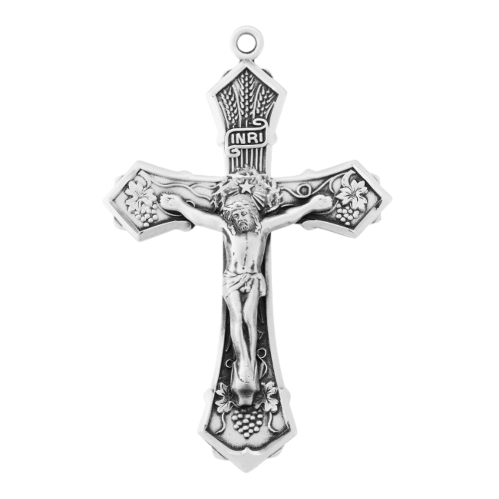 Grape and Wheat Design Sterling Silver Crucifix Necklace — 24" Chain, Gift Box