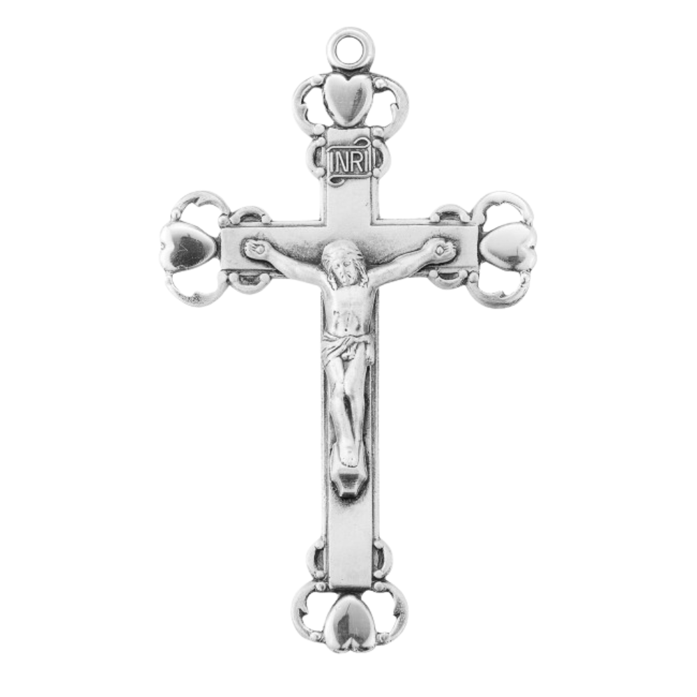 Heart Tipped Crucifix Sterling Silver Pendant — 24" Chain, Made in USA, Gift Box
