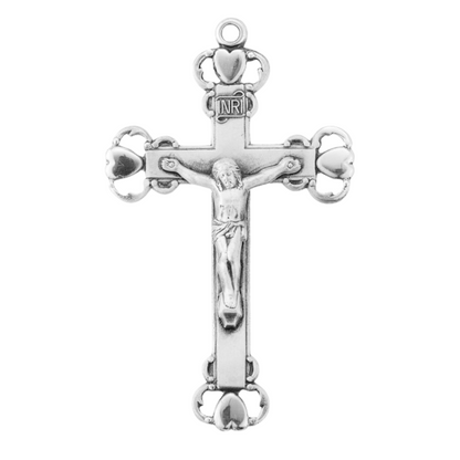 Heart Tipped Crucifix Sterling Silver Pendant — 24" Chain, Made in USA, Gift Box