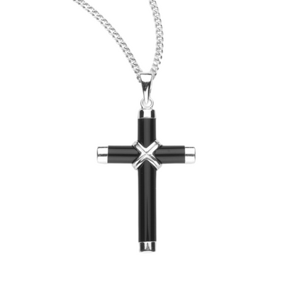 Genuine Onyx Cross Sterling Silver Pendant - 20 Inch Chain, Made in USA, Gift Box Included