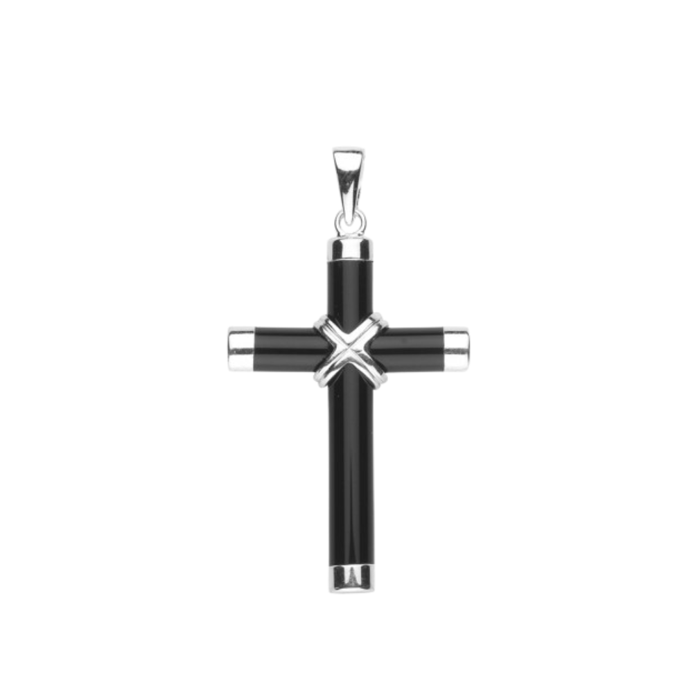 Genuine Onyx Cross Sterling Silver Pendant - 20 Inch Chain, Made in USA, Gift Box Included