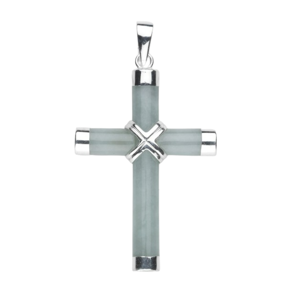 Genuine Aventurine Cross Sterling Silver Pendant Necklace — 20" Chain, Made in USA