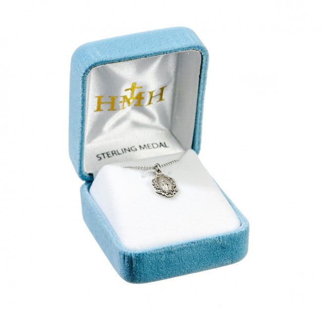 Blessed Mother Mary Sterling Silver CZ Medal — 18" Chain, Made in USA, Gift Box