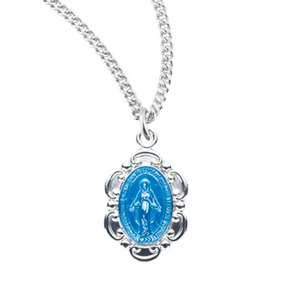 Sterling Silver Blue Enameled Oval Fancy Edge Miraculous Medal, Catholic Gift, Made in USA