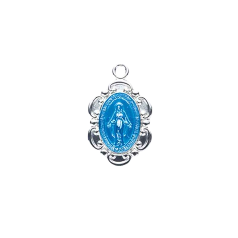Miraculous Medal Sterling Silver Blue Enameled Pendant — 18" Chain, Made in USA